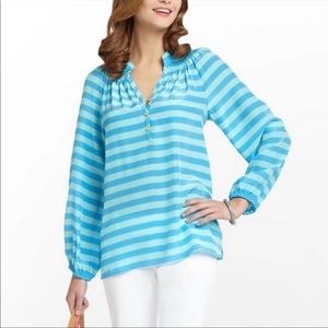 LILLY PULITZER Women’s Turquoise Blue Elsa Stripe Blouse. 100% Silk XL